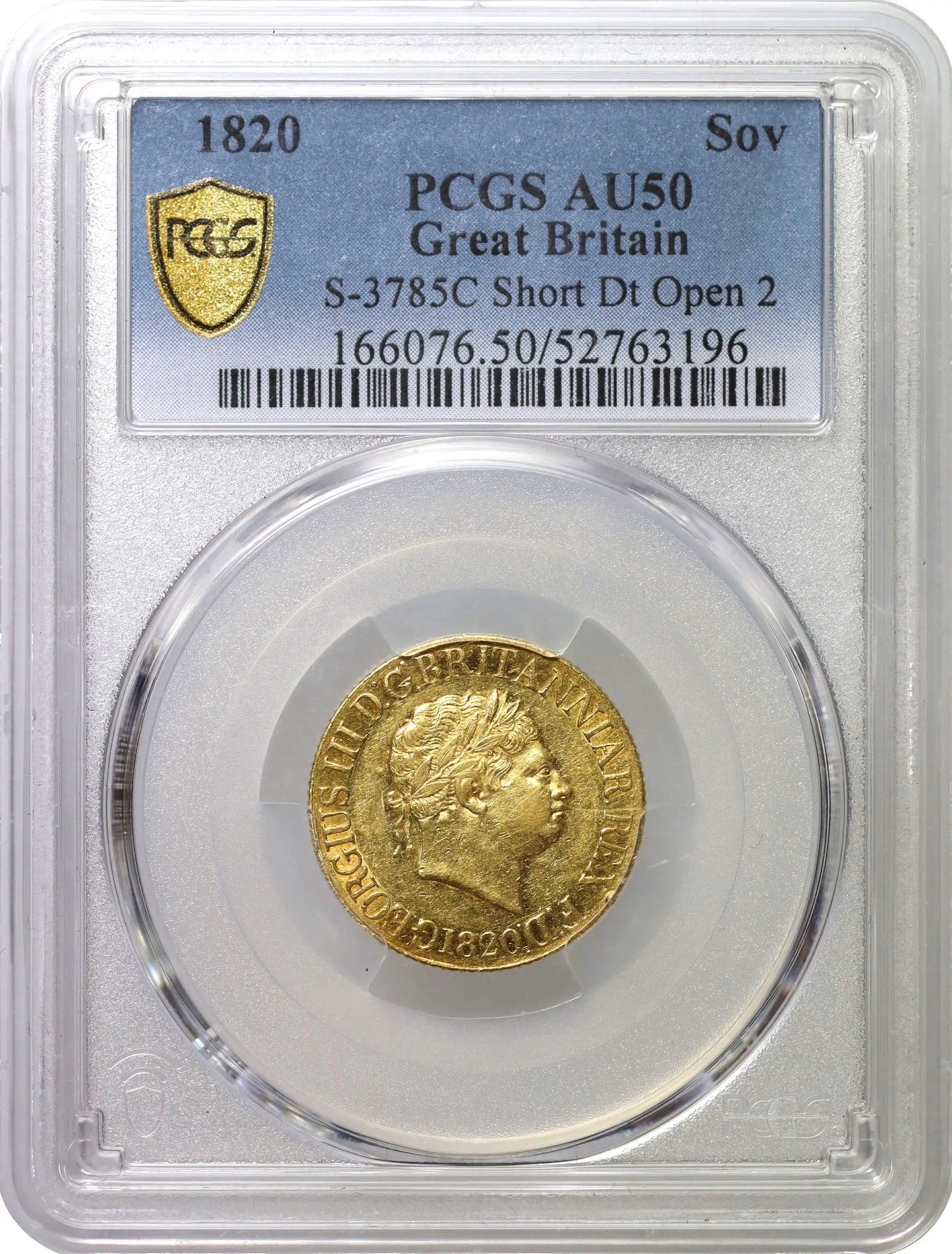 George III 1820 Sovereign, short date figures R3, PCGS AU50