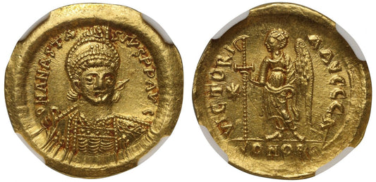 Anastasius I, Gold Solidus, Officina A, Ch AU 5/5 2/5.