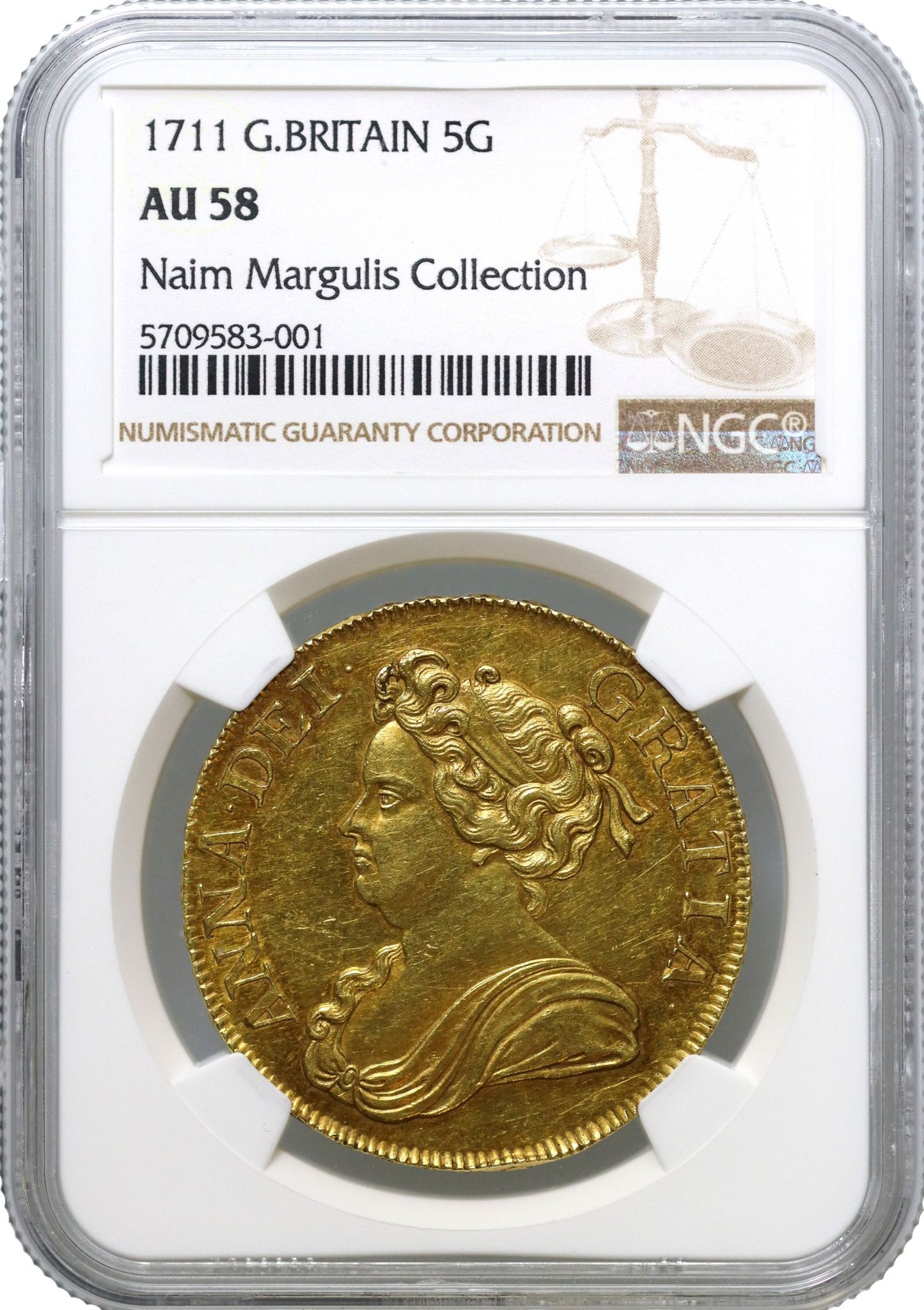 Anne 1711 Five-Guineas, 2nd bust, AU58, Post-Union