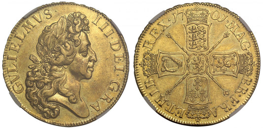 William III 1701 Five-Guineas, 'Fine work', plain sceptres, NGC AU53