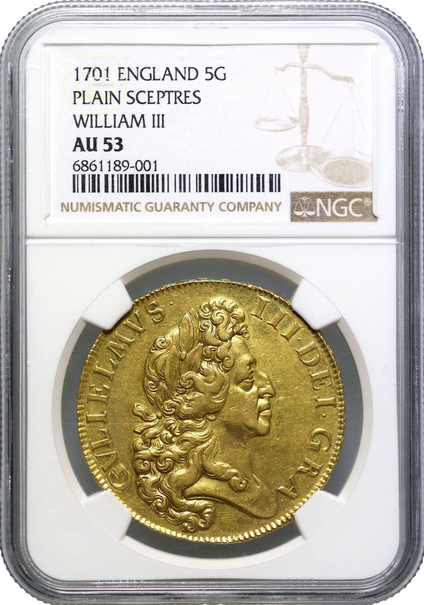 William III 1701 Five-Guineas, 'Fine work', plain sceptres, NGC AU53