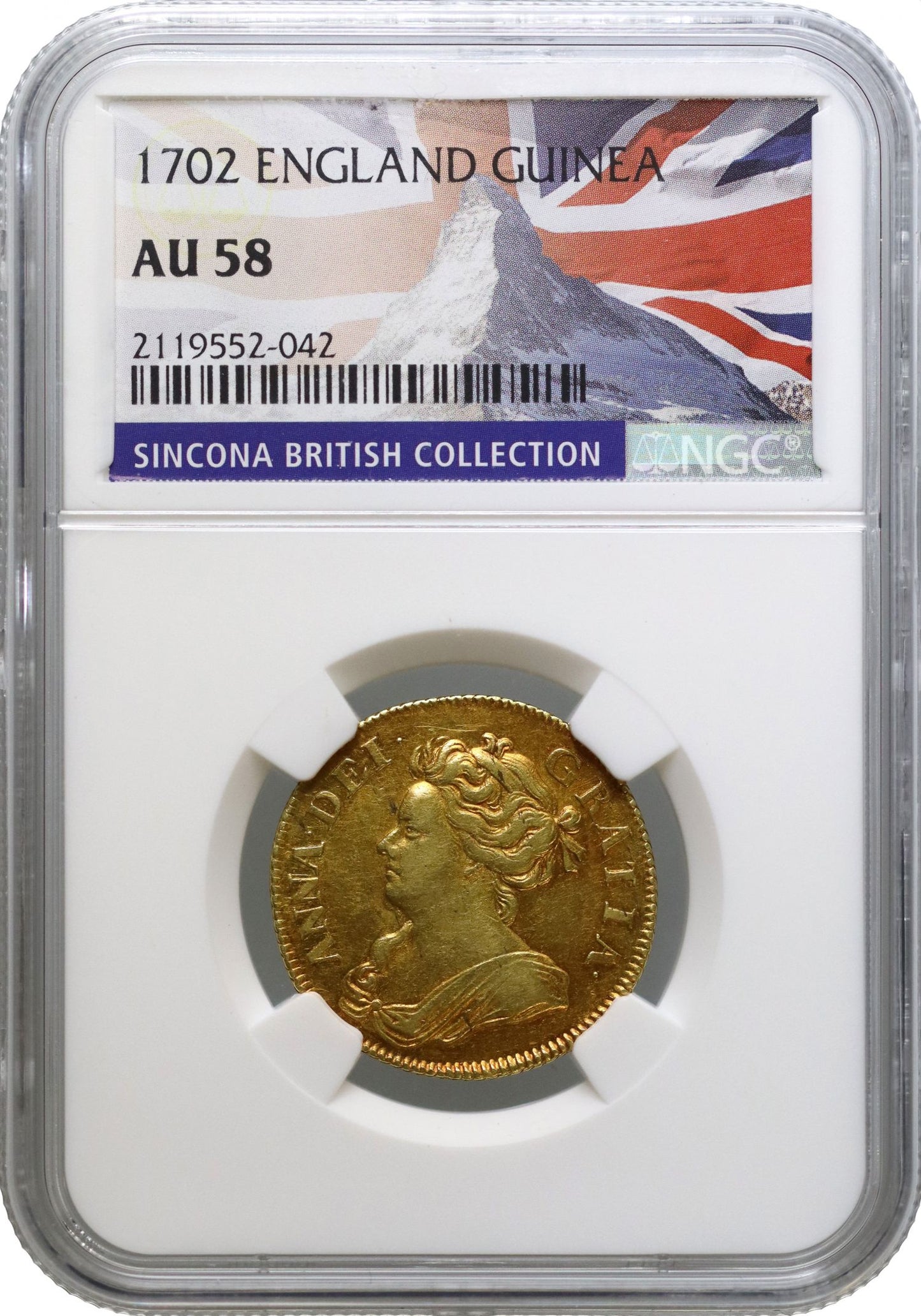 Anne 1702 Guinea, Pre-Union, rose at centre of reverse, NGC AU58