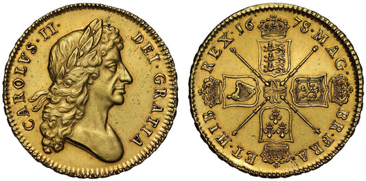 Charles II 1678/7 gold Five-Guineas, very rare 2nd bust - year of changeover