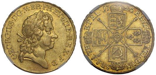 George I 1726 Five-Guineas, AU53, inverted Ns on edge, final year of reign