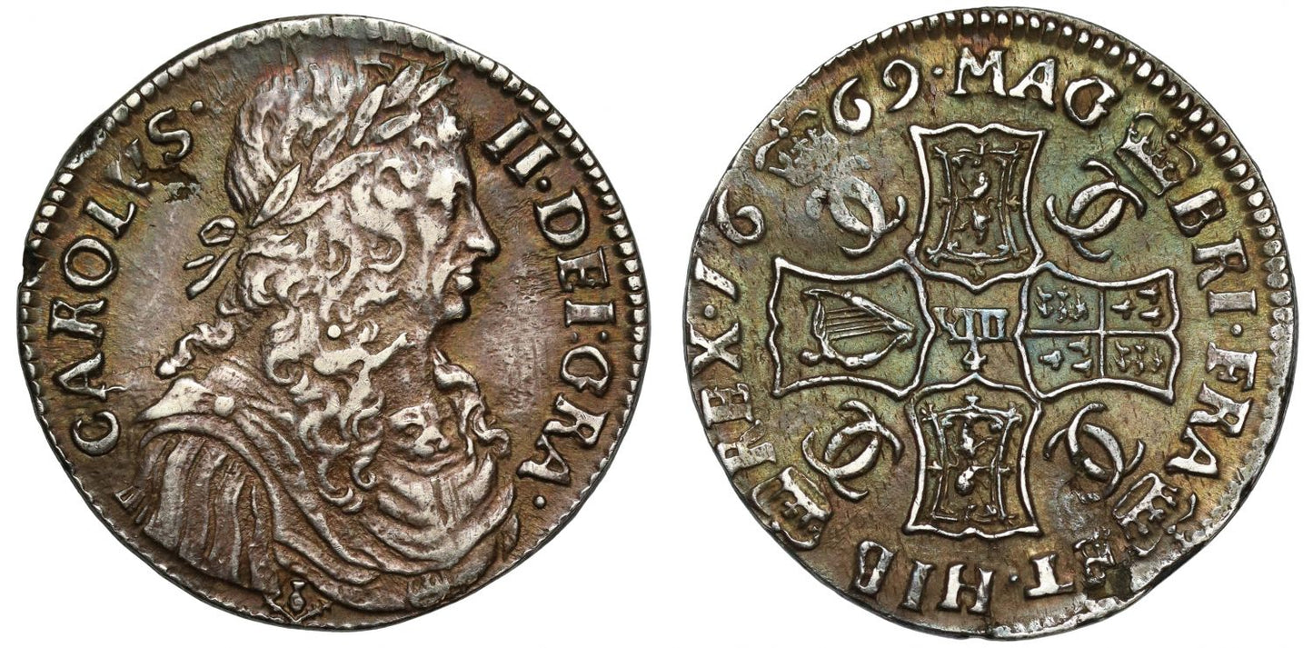 Scotland, Charles II 1669 Merk, 1st coinage type II, 9 o'clock die axis, stop at date