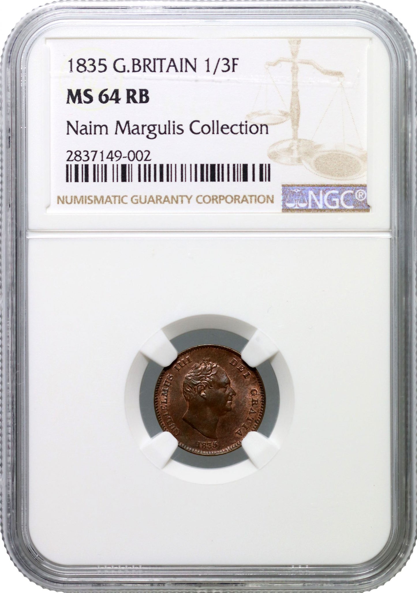 William IV 1835 Third-Farthing, struck for use in Malta, MS64 RB, ex Margulis