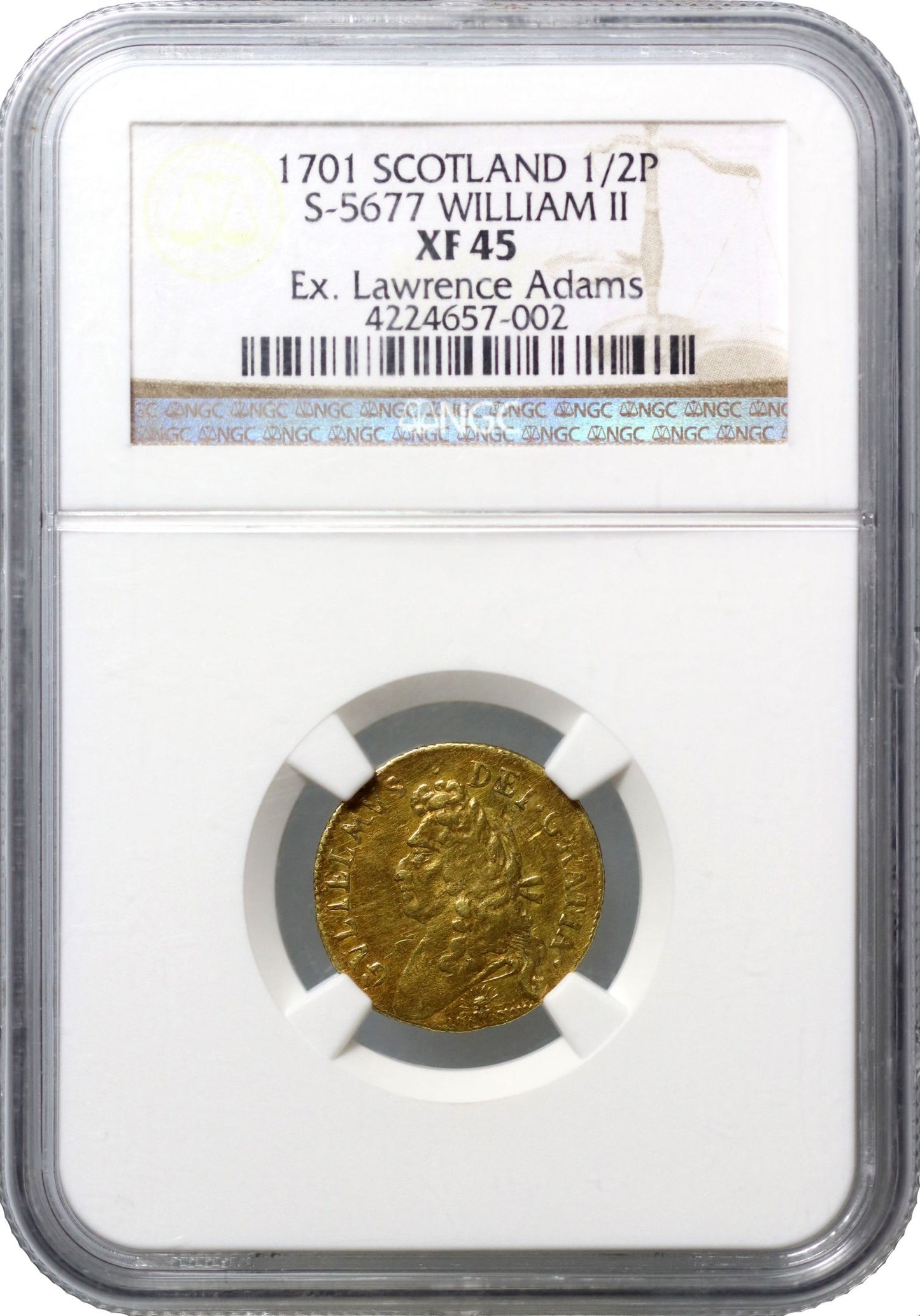 Scotland, William II 1701 Half-Pistole, XF45, the last gold coinage of Scotland