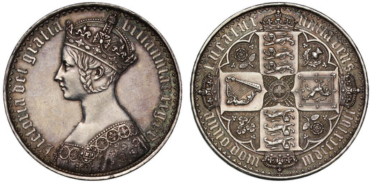 Victoria 1847 Gothic Crown, PF58, lettered edge UNDECIMO, Britannia silver standard