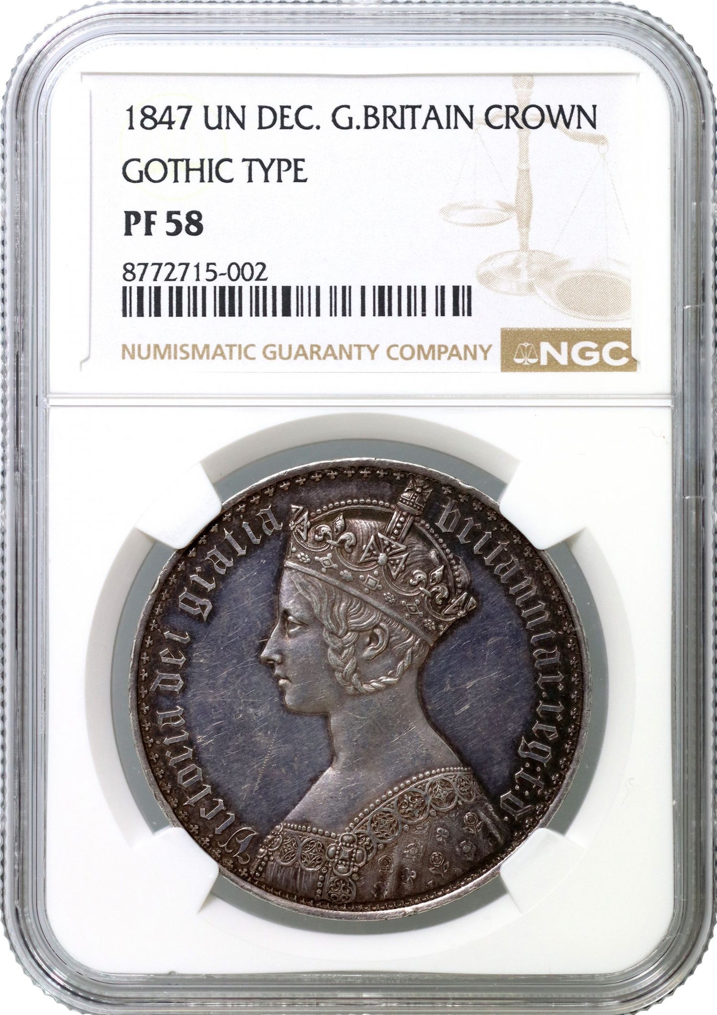 Victoria 1847 Gothic Crown, PF58, lettered edge UNDECIMO, Britannia silver standard