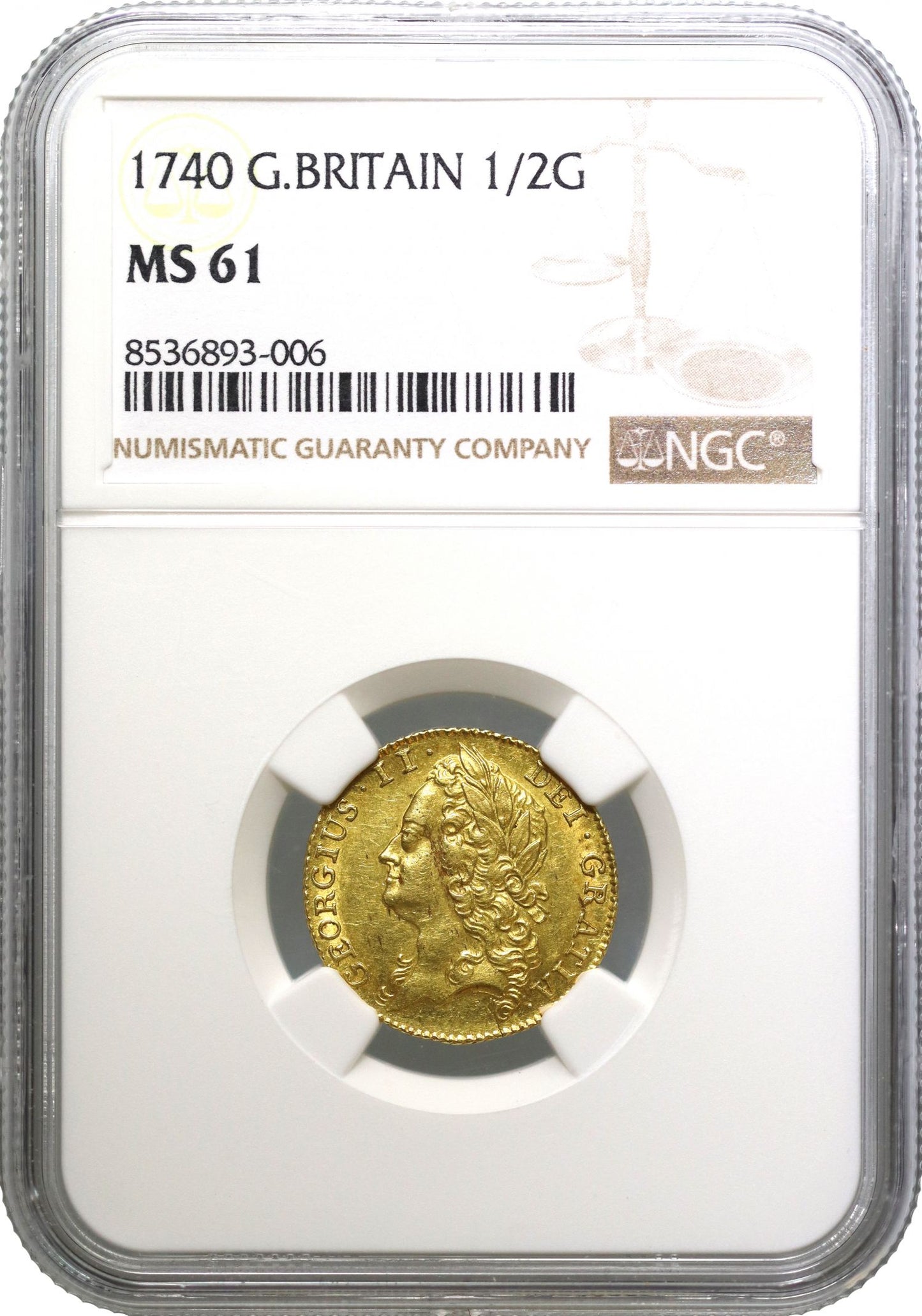George II 1740 Half-Guinea intermediate head MS61, extremely rare date
