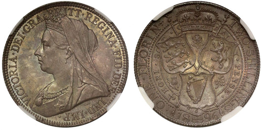 Victoria 1896 Florin, old head, Davies dies 2/B NGC graded MS64