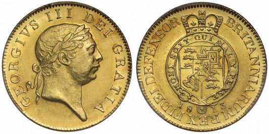 George III 1813 'Military' Guinea, sixth bust, PCGS MS64, second finest grade level