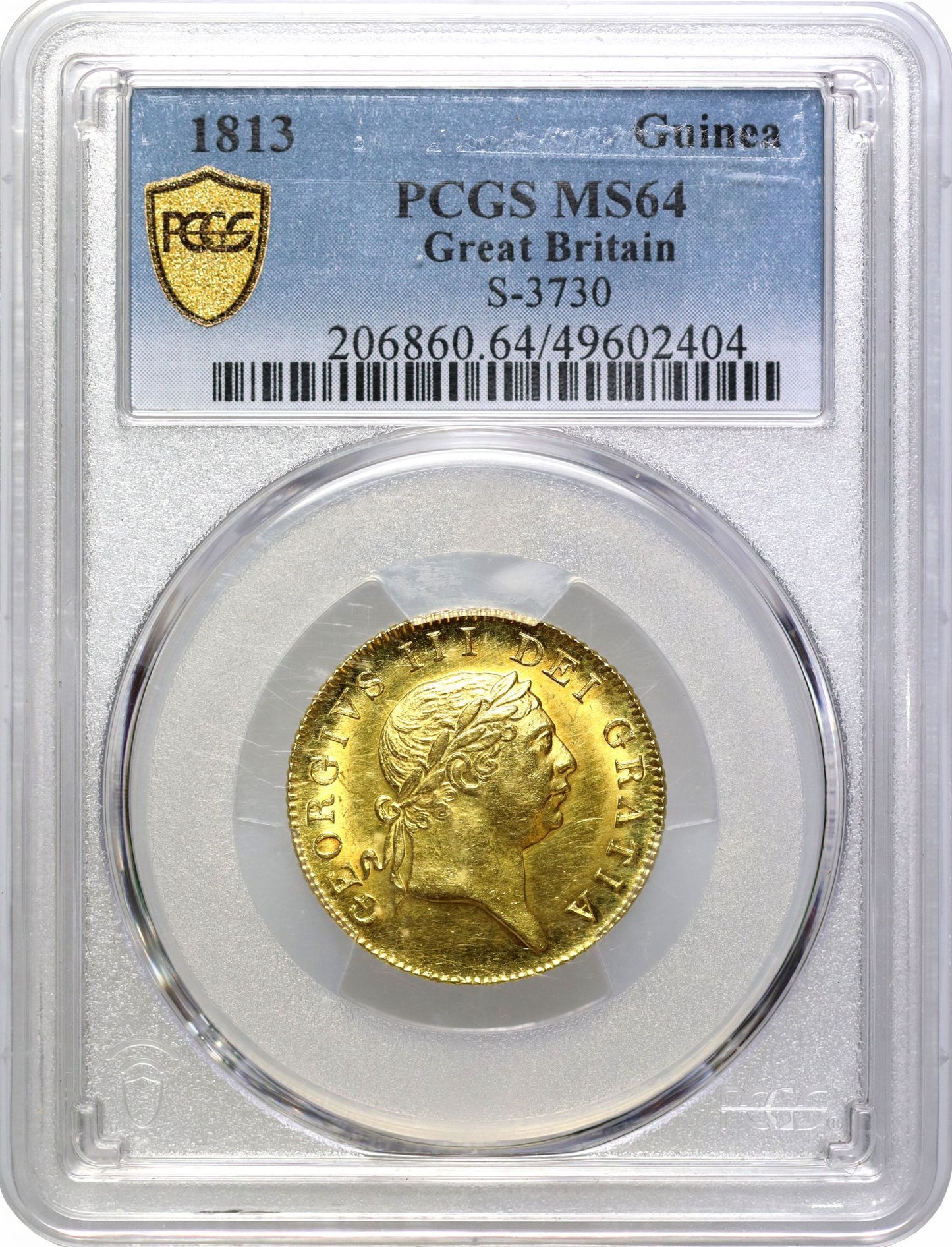 George III 1813 'Military' Guinea, sixth bust, PCGS MS64, second finest grade level