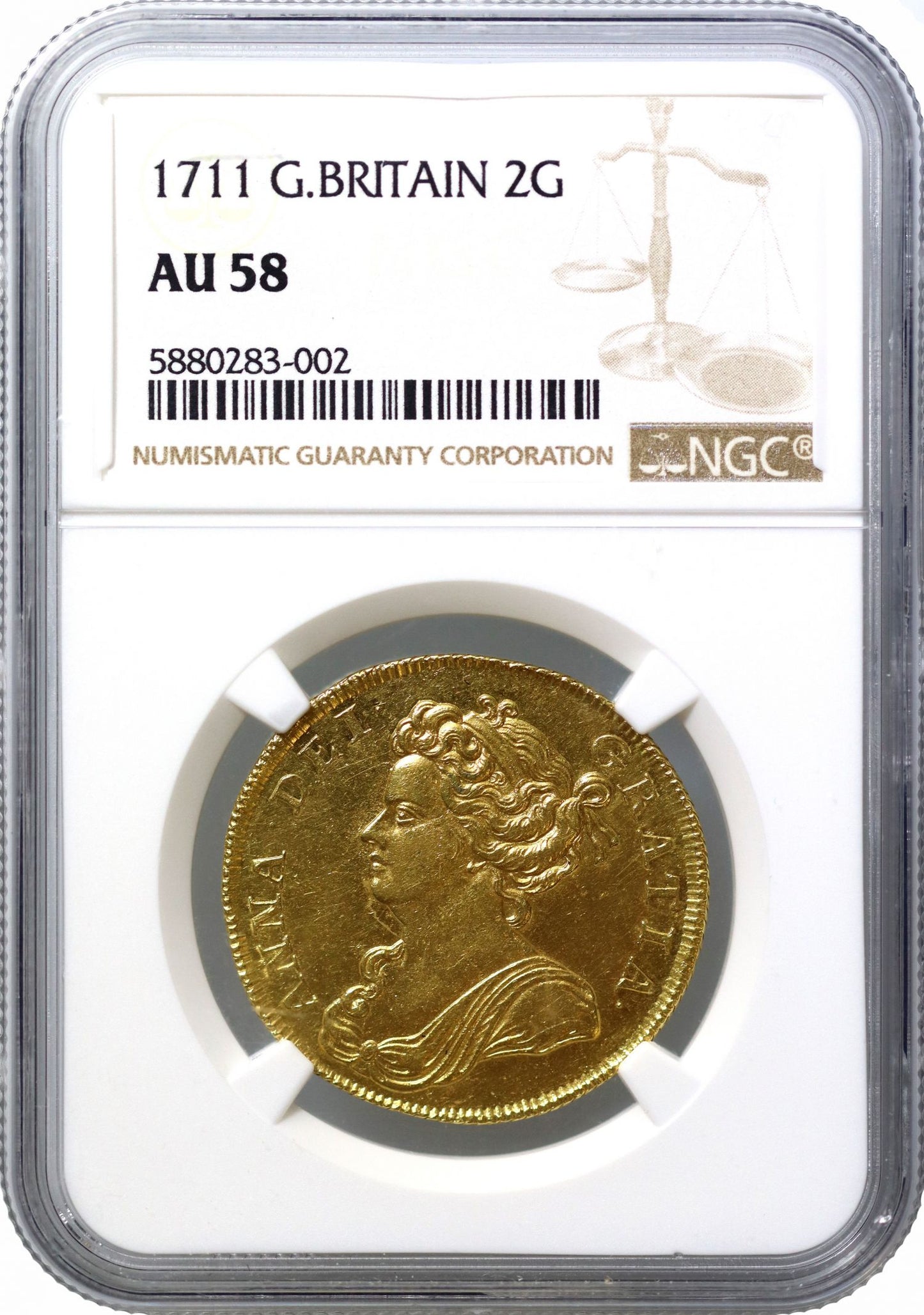 Anne 1711 Two-Guineas, Post-Union, NGC AU58