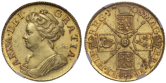 Anne 1708 Guinea, first bust with high indented tie knot, NGC MS63 - finest