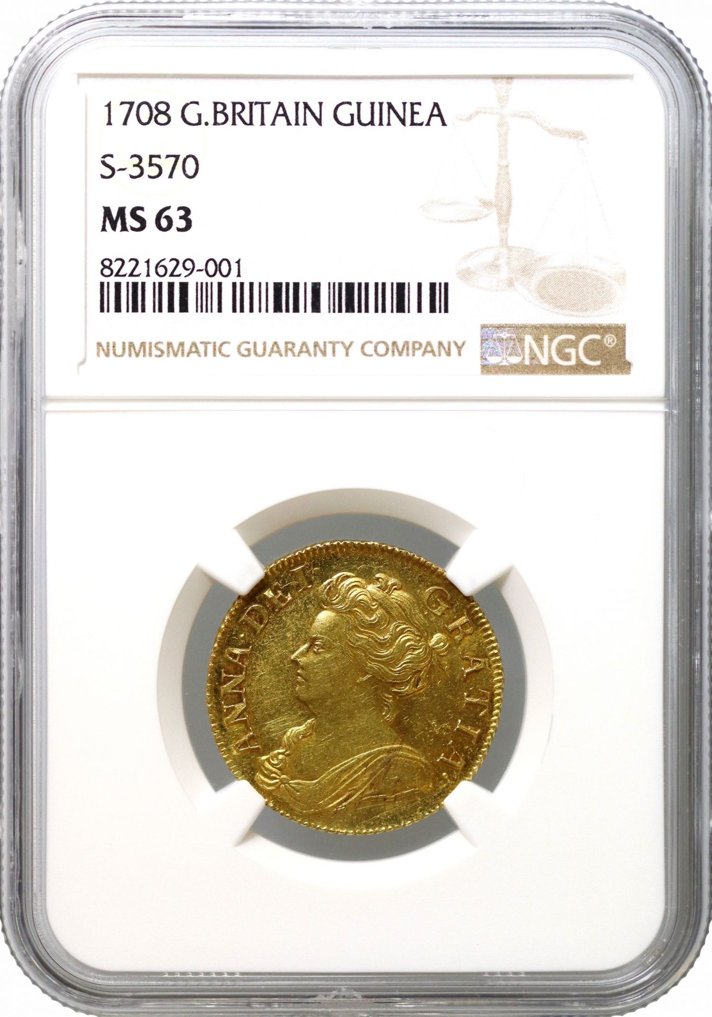 Anne 1708 Guinea, first bust with high indented tie knot, NGC MS63 - finest
