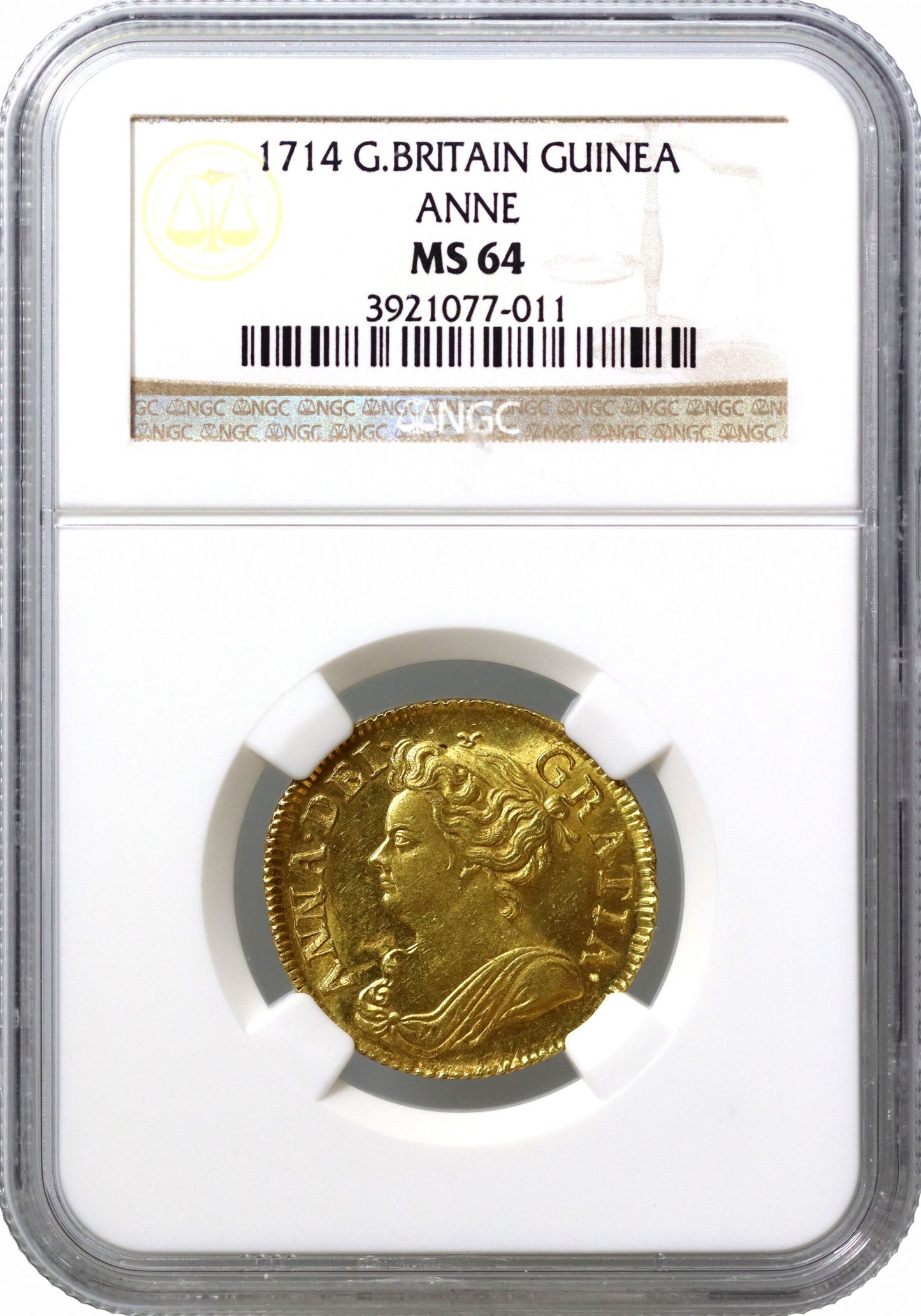 Anne 1714 Guinea, third bust, NGC MS64 second finest graded