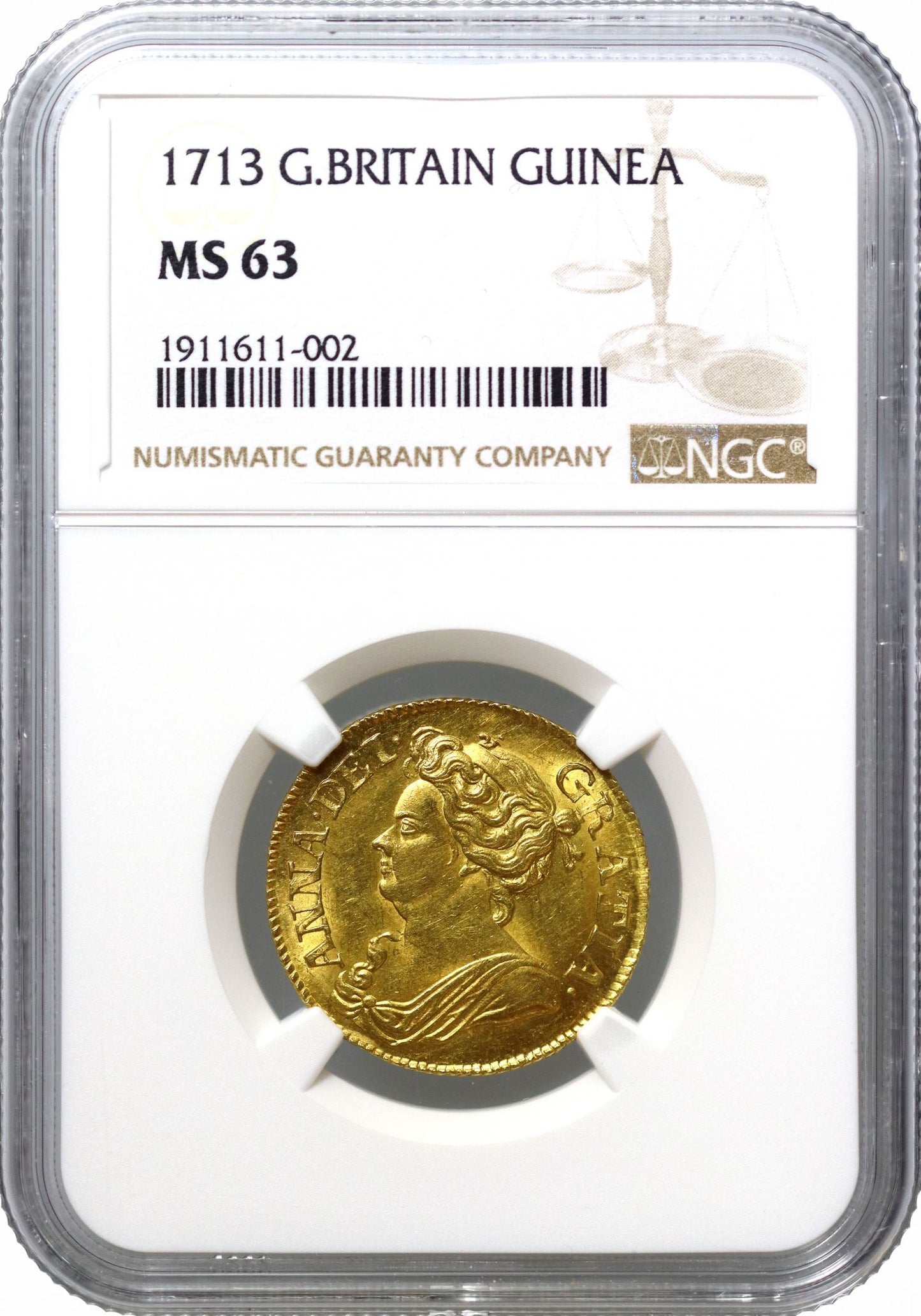 Anne 1713 Guinea, 3rd bust, NGC MS63, third finest graded