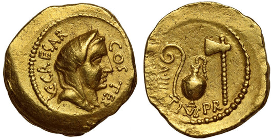 Julius Caesar, Gold Aureus, Rome, 46 BC, XF, 4/5, 3/5, brushed.