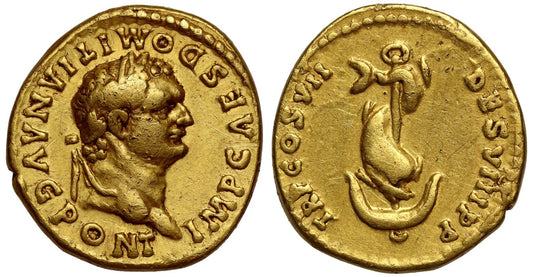 Domitian, gold Aureus, variety apparently unpublished in the major sources, VF, 5/5, 3/5, brushed, marks.