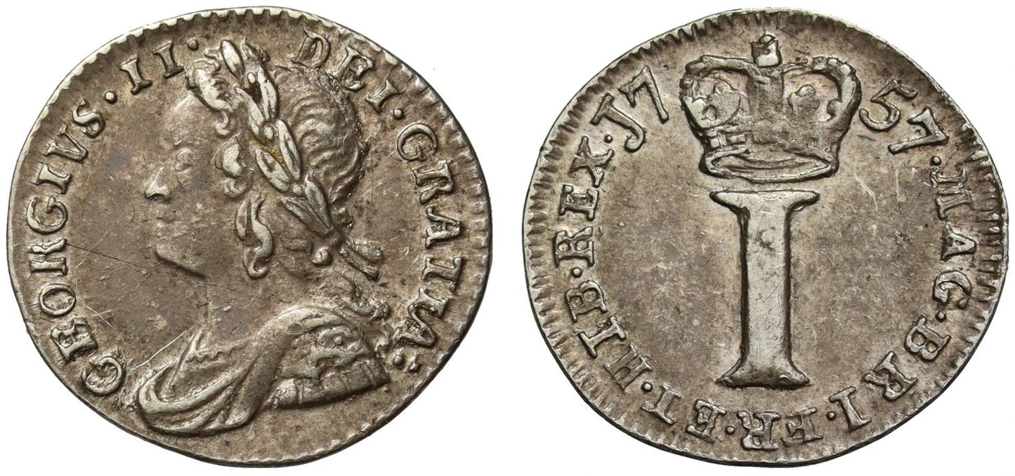 George II 1757 Maundy Penny, with colon after GRATIA in legend