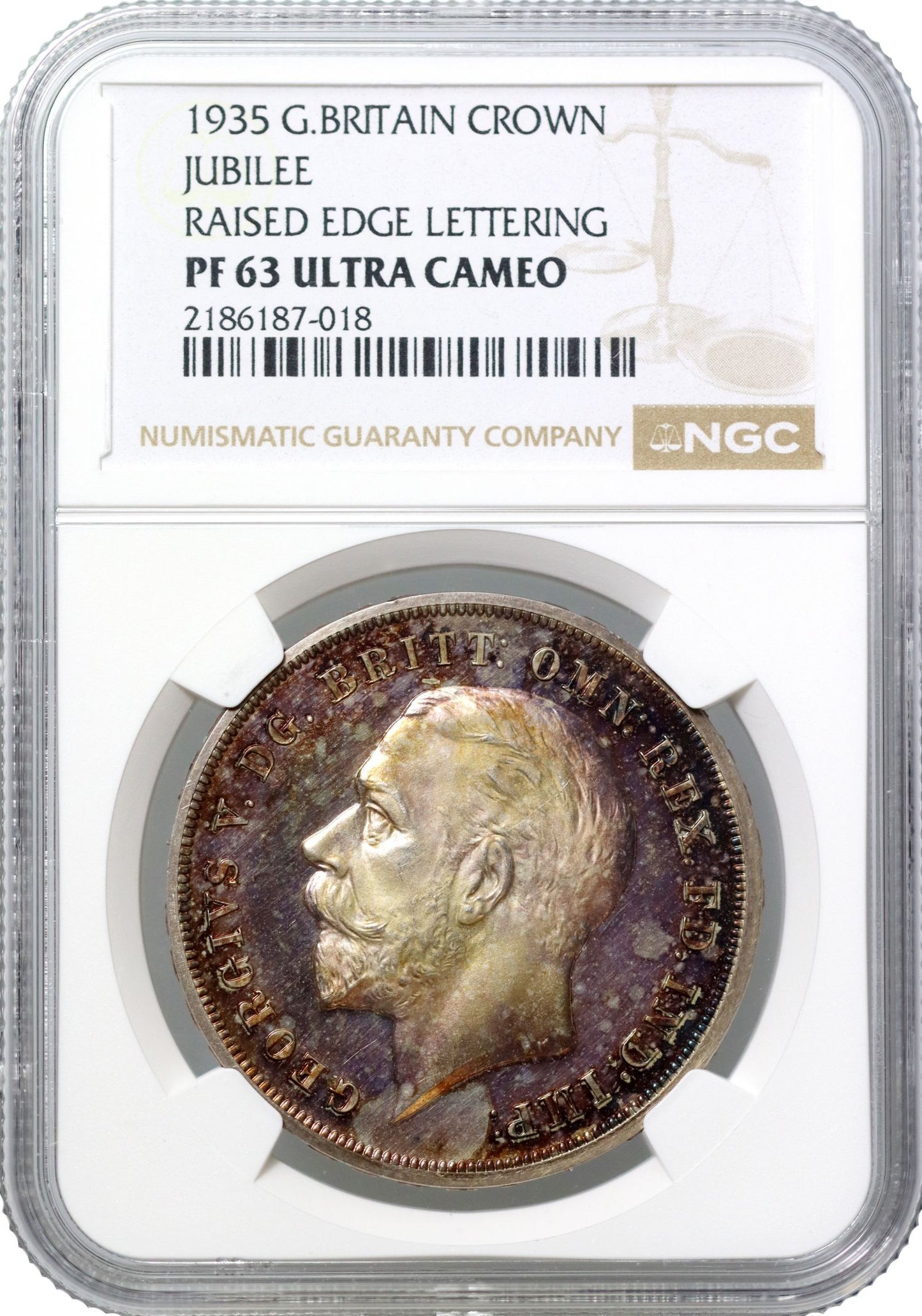 George V 1935 proof Crown, raised edge lettering, NGC PF63 ultra cameo