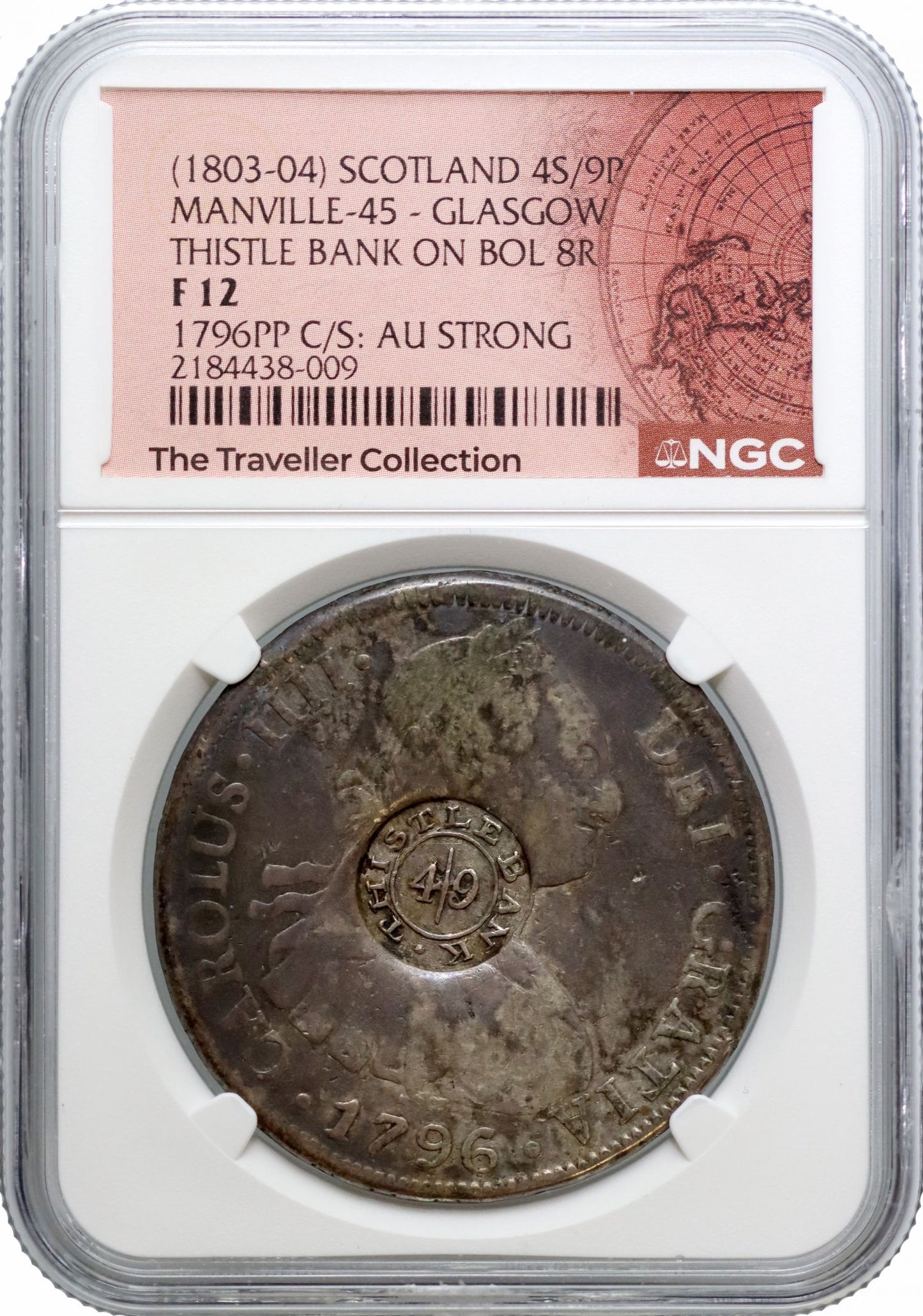 Glasgow, Thistle Bank Dollar, 4/9 countermark on Bolivia 1796-PP 8-Reales, F12