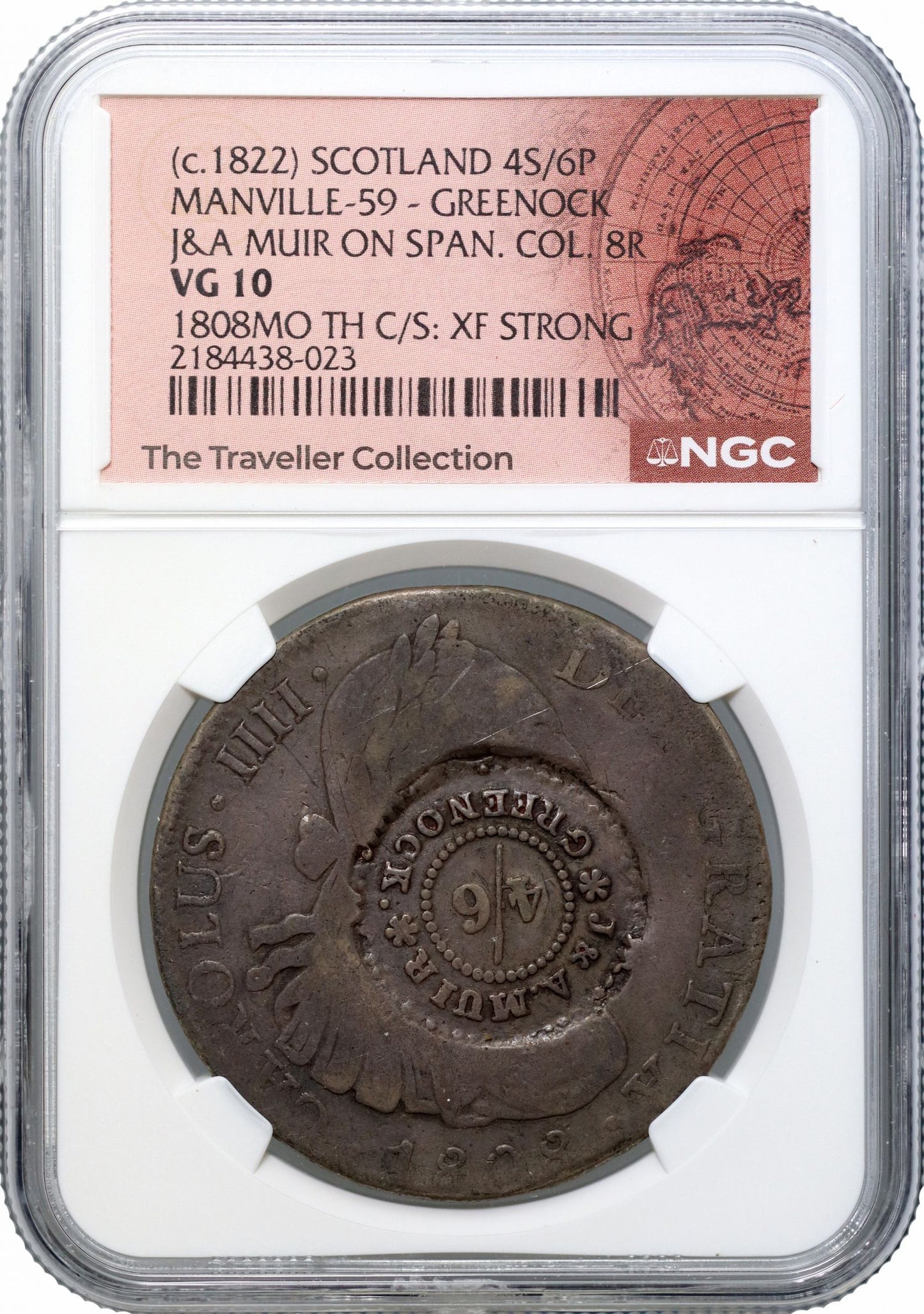 Greenock, James & Andrew Muir Dollar, 4/6 countermark on Mexico 1808-TH 8-Reales, VG10