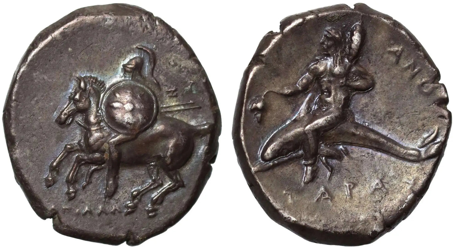 Calabria Tarentum, 280-272 BC, silver Nomos, Apollo and Anth magistrates