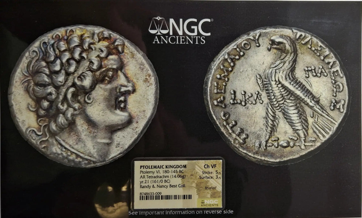 Ptolemy VI Philometer, Silver Tetradrachm Yr.21, Ch VF 5/5 3/5
