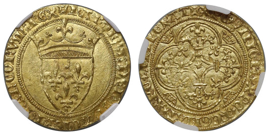 France, Charles VI gold Ecu d'Or a la Couronne, Montpellier Mint, MS62