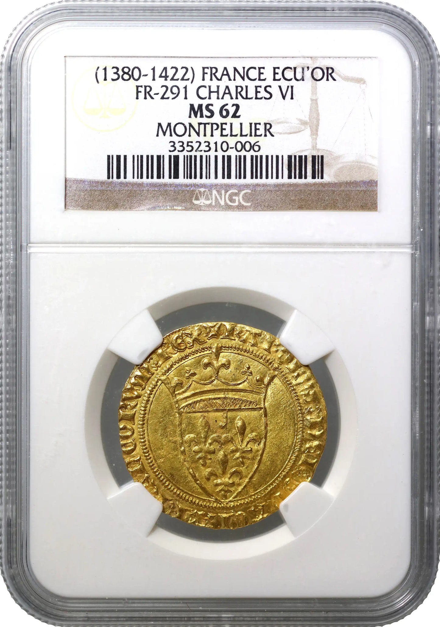 France, Charles VI gold Ecu d'Or a la Couronne, Montpellier Mint, MS62