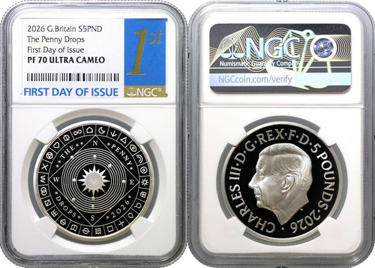 * Charles III 2026 silver PF70 UC FDI £5 The Penny Drops