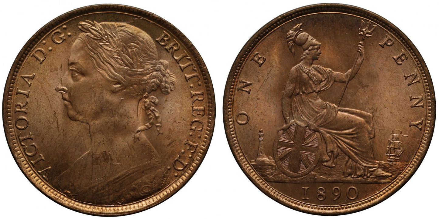 Victoria 1890 Penny, bun head type, Freeman dies 12+N, MS64RD
