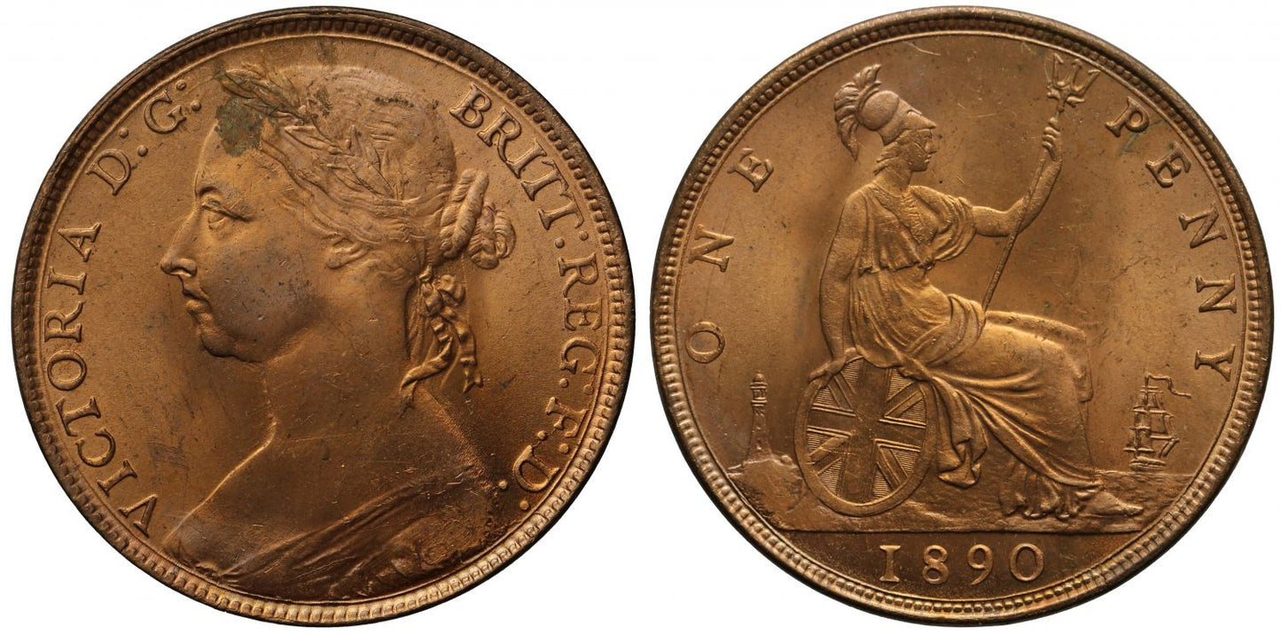 Victoria 1890 Penny, bun head type, Freeman dies 12+N, MS64RD