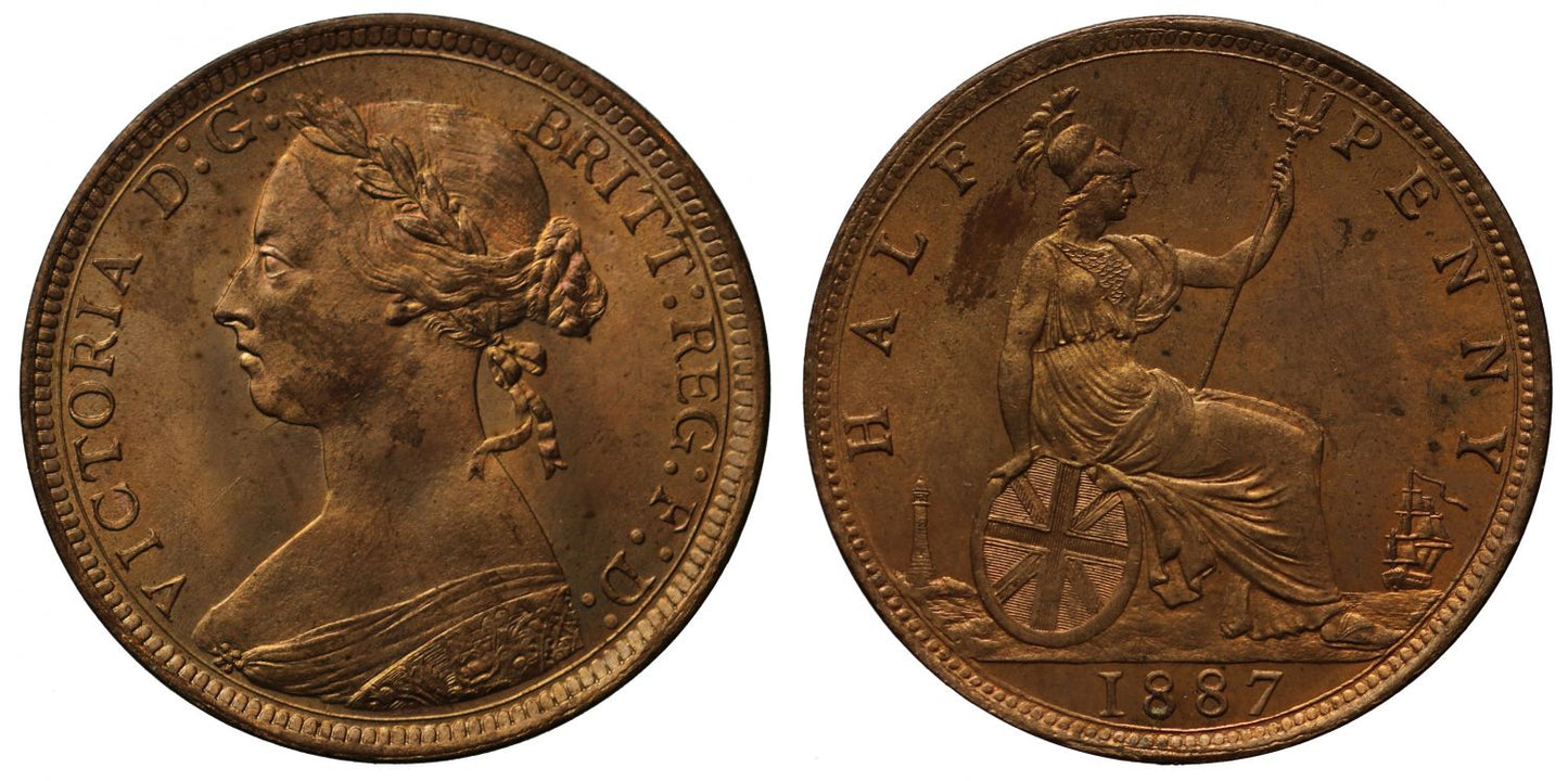 Victoria 1887 Halfpenny, bun head type, Freeman dies 17+S, MS65RB