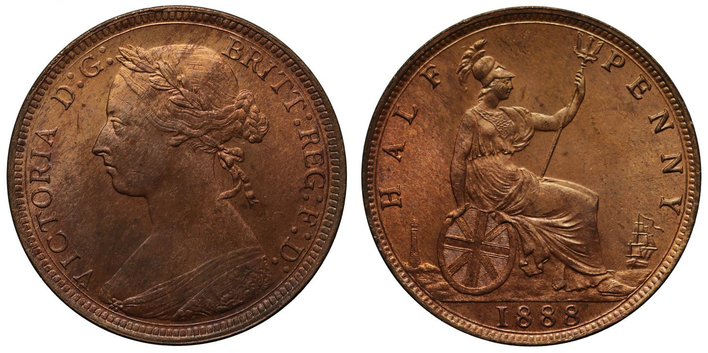 Victoria 1888 Halfpenny, bun head style, Freeman dies 17+S