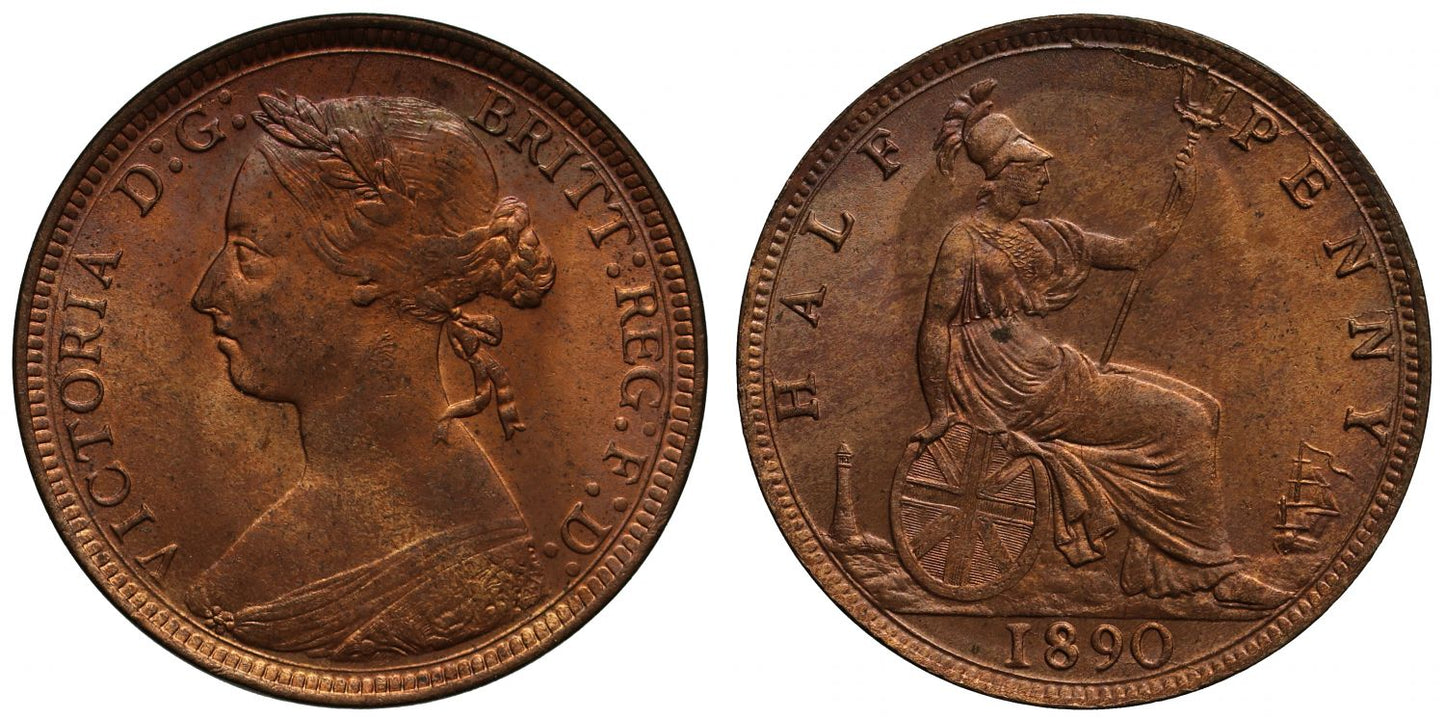 Victoria 1890 Halfpenny, bun head type, Freeman dies 17+S, MS64RB
