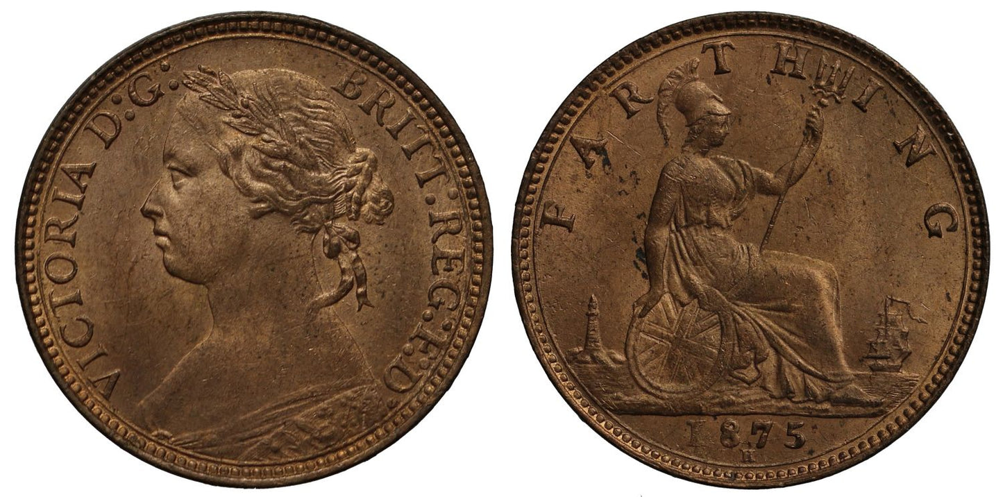 Victoria 1875-H Farthing, Heaton Mint, Birmingham, dies 5+C