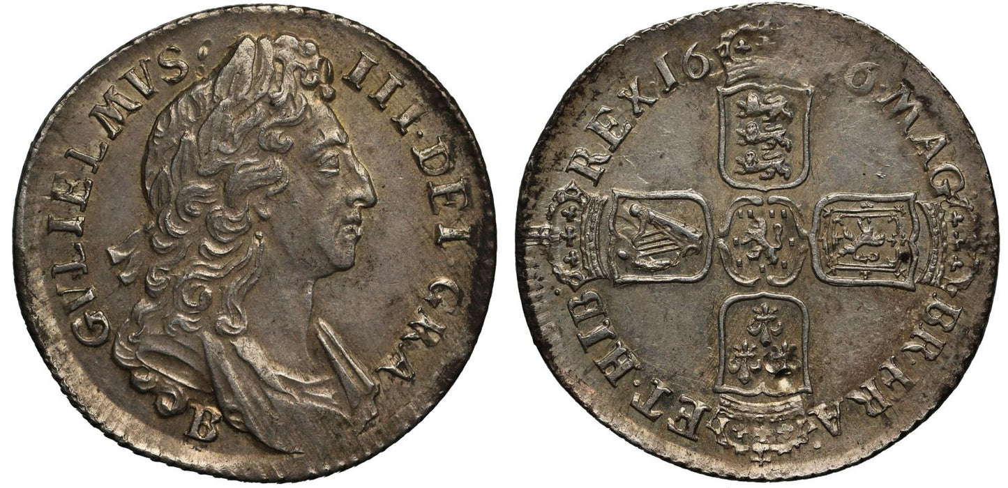 William III 1696 Bristol Shillling, first bust, NGC MS62, second finest graded