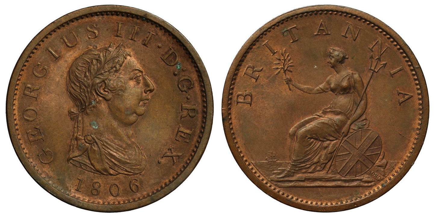 George III 1806 Penny, incuse hair curl by tie knot on bust