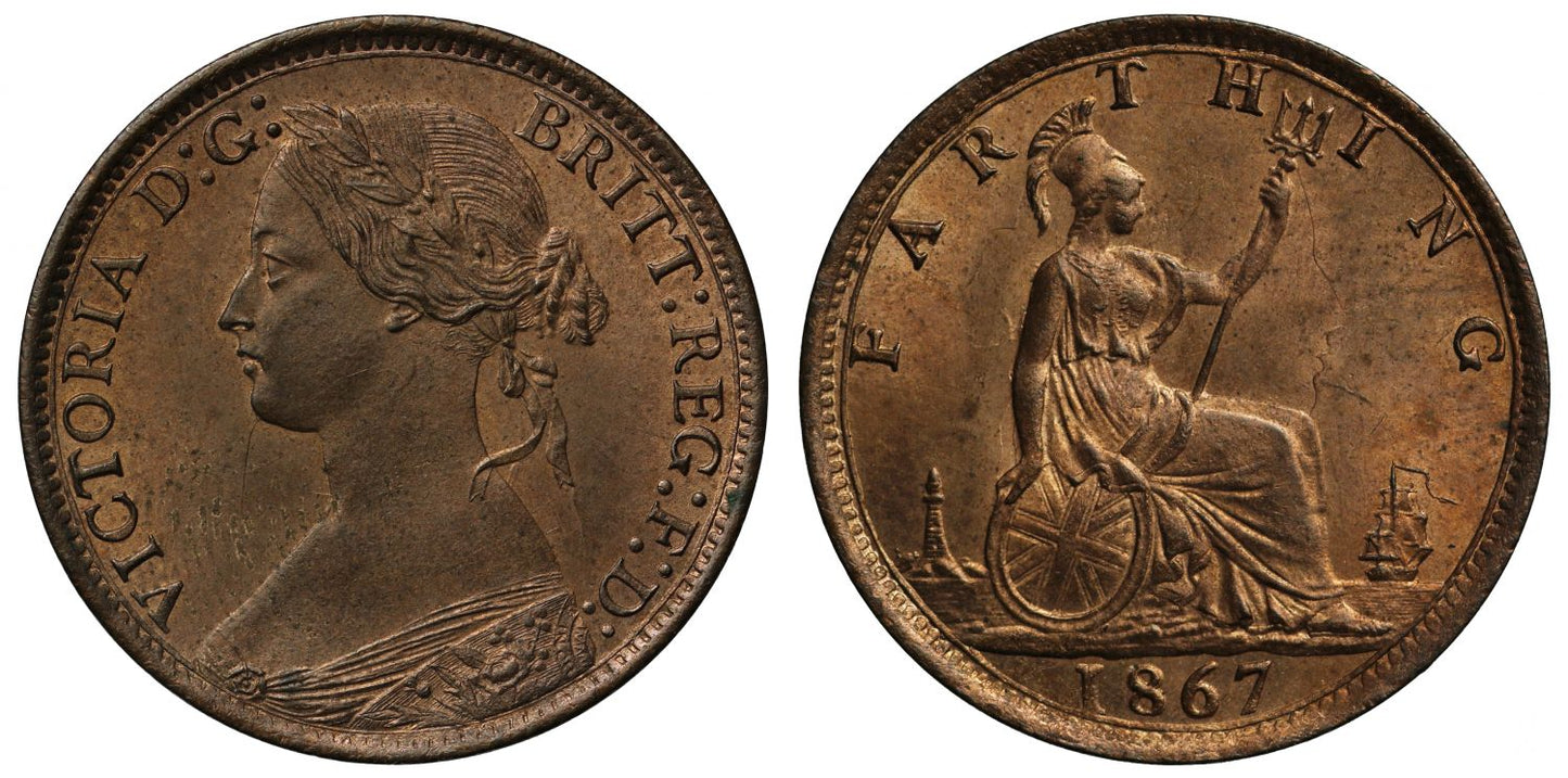 Victoria 1867 Farthing, bun head type