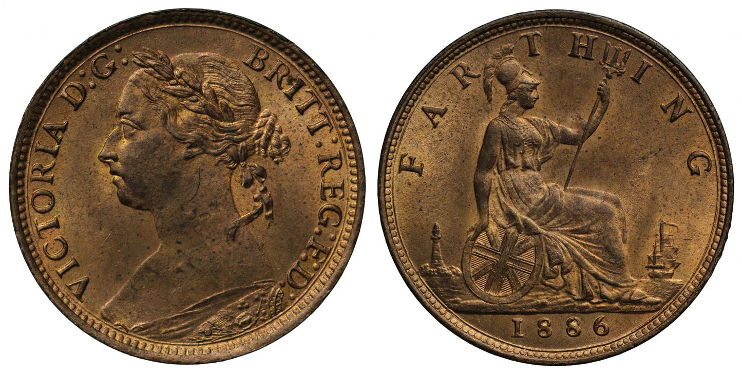 Victoria 1886 Farthing, bun head type bronze issue