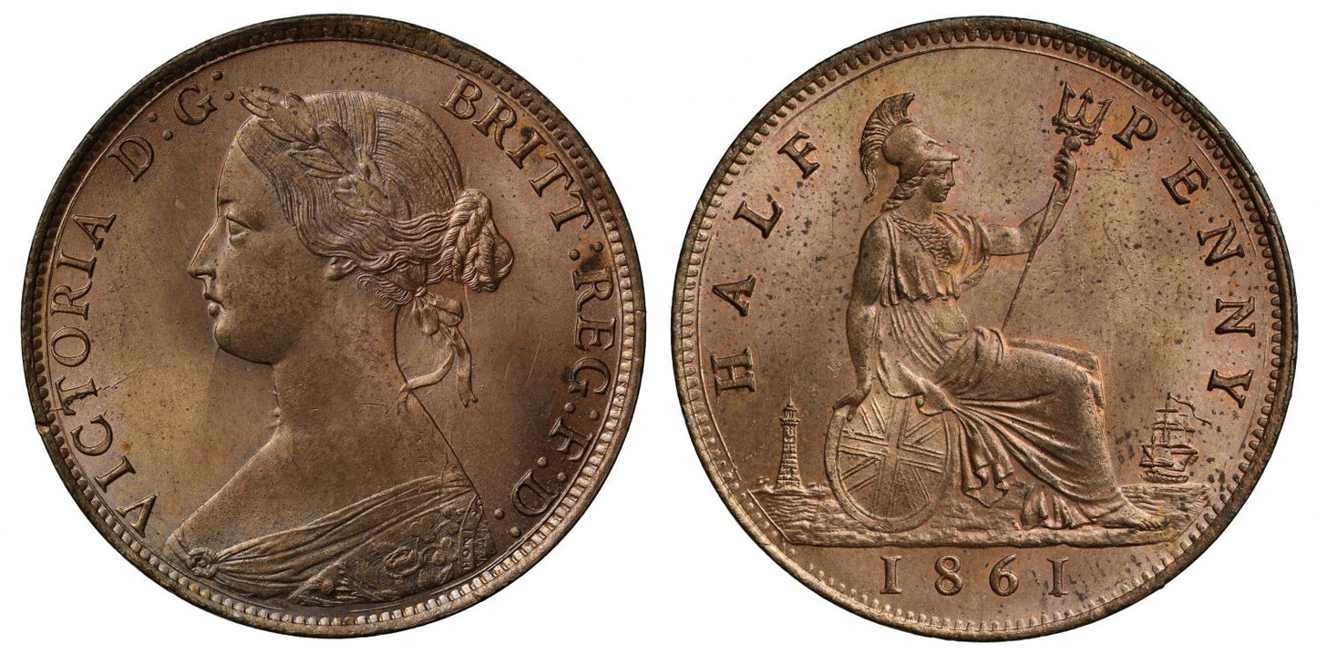 Victoria 1861 Halfpenny, bun head type, Freeman dies 7+F