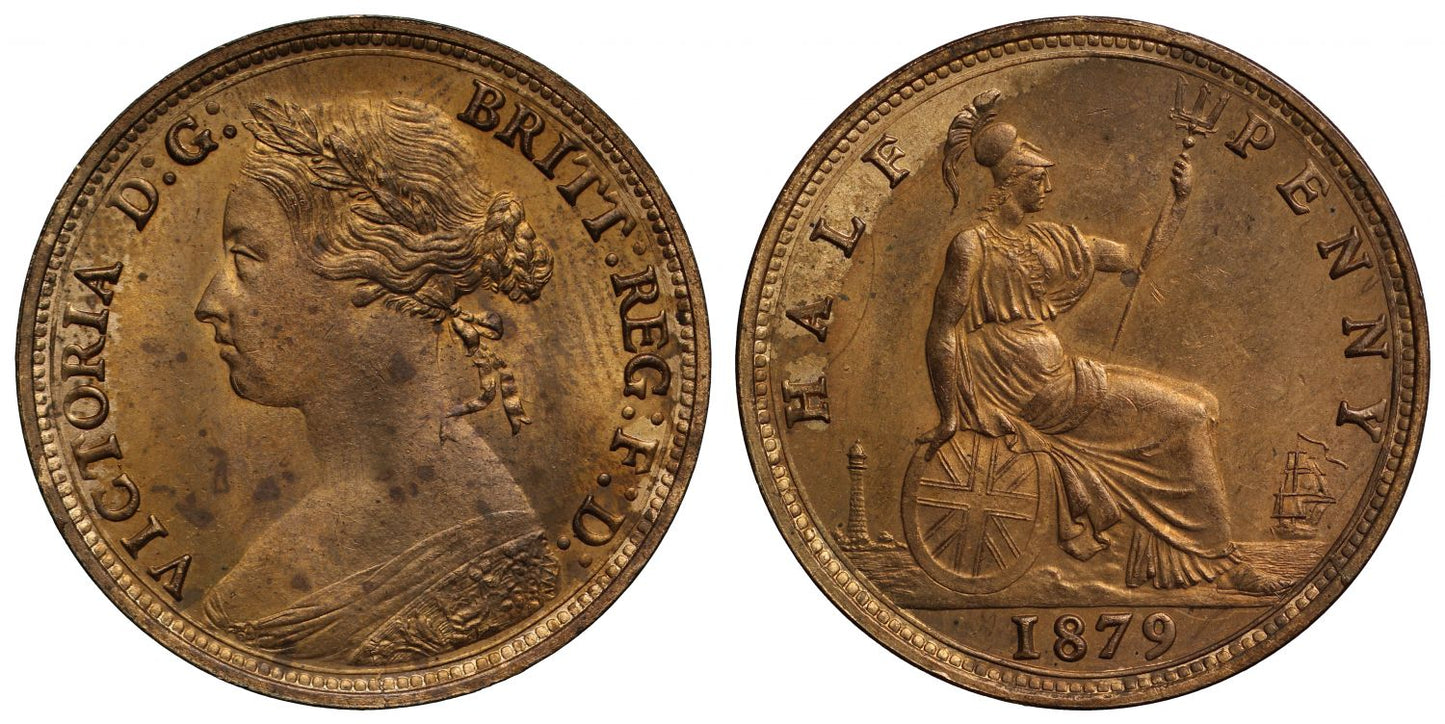 Victoria 1879 Halfpenny, bun head type, Freeman dies 15+O