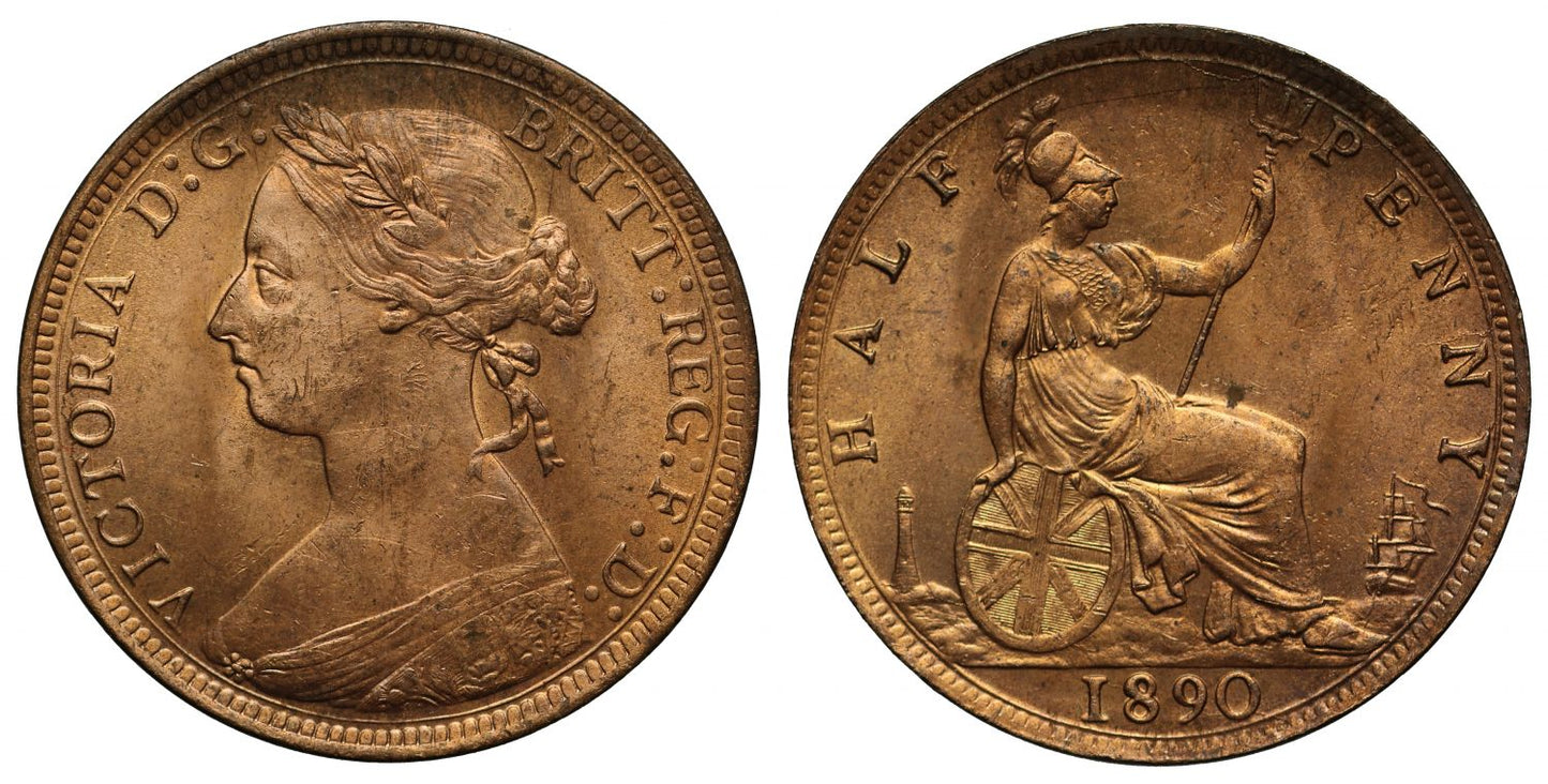 Victoria 1890 Halfpenny, bun head type, Freeman dies 17+S