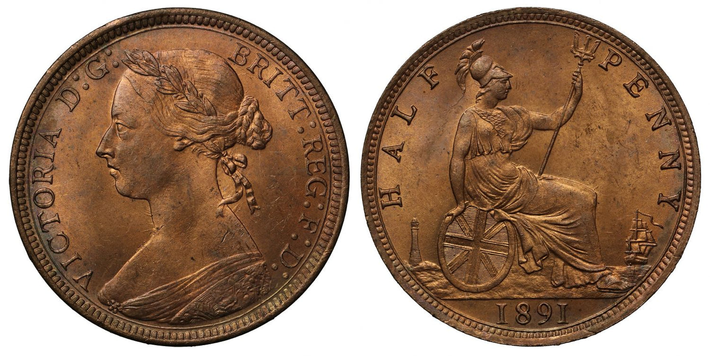 Victoria 1891 Halfpenny, bun head type, Freeman dies 17+S