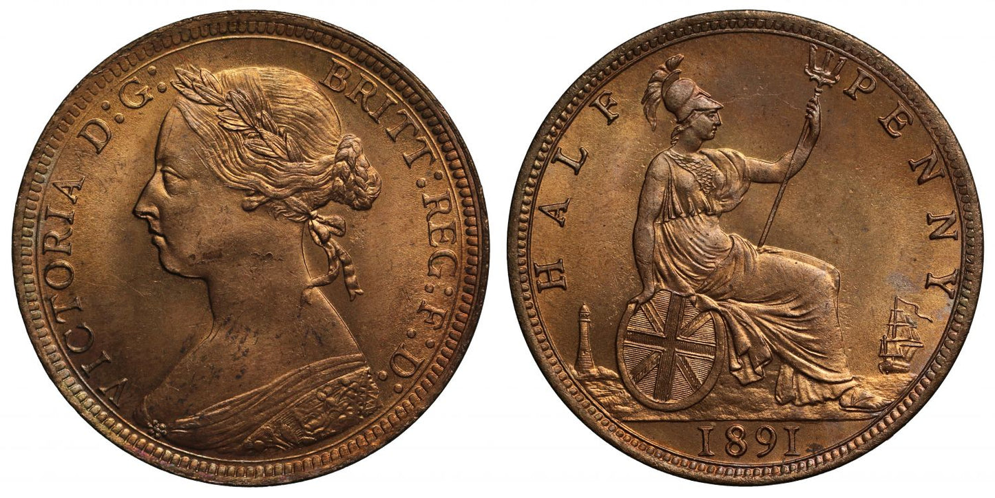 Victoria 1891 Halfpenny, bun head type, Freeman dies 17+S
