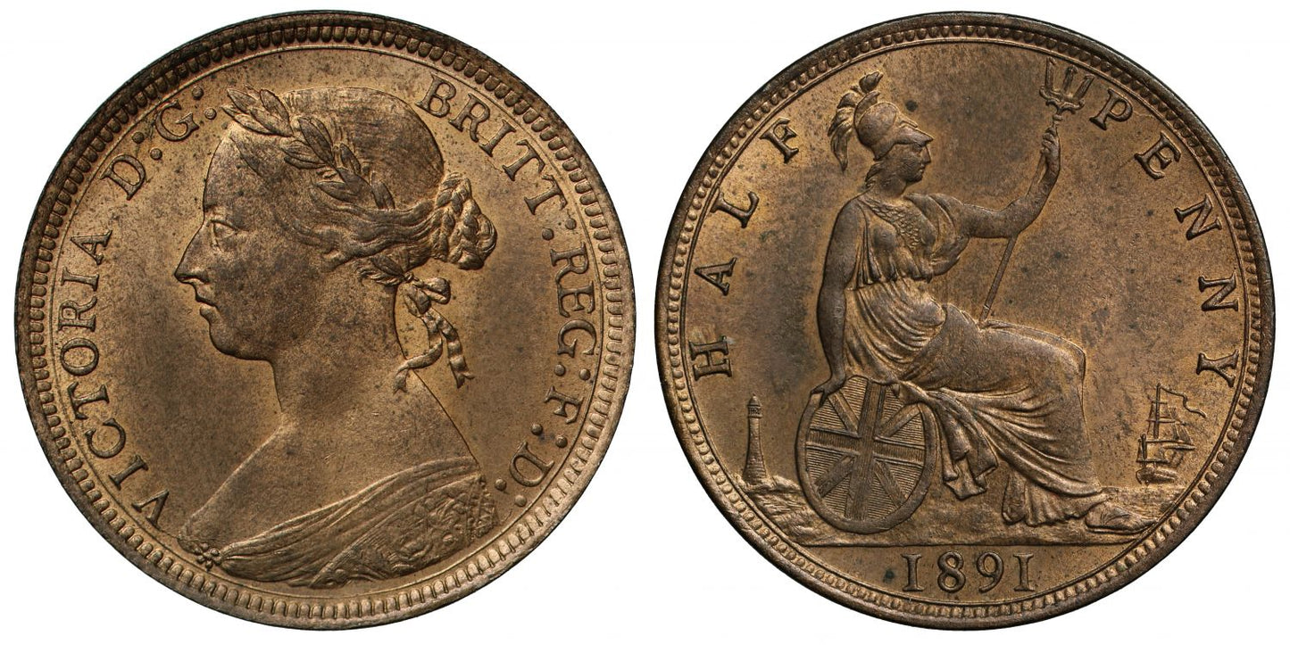 Victoria 1891 Halfpenny, bun head type, Freeman dies 17+S