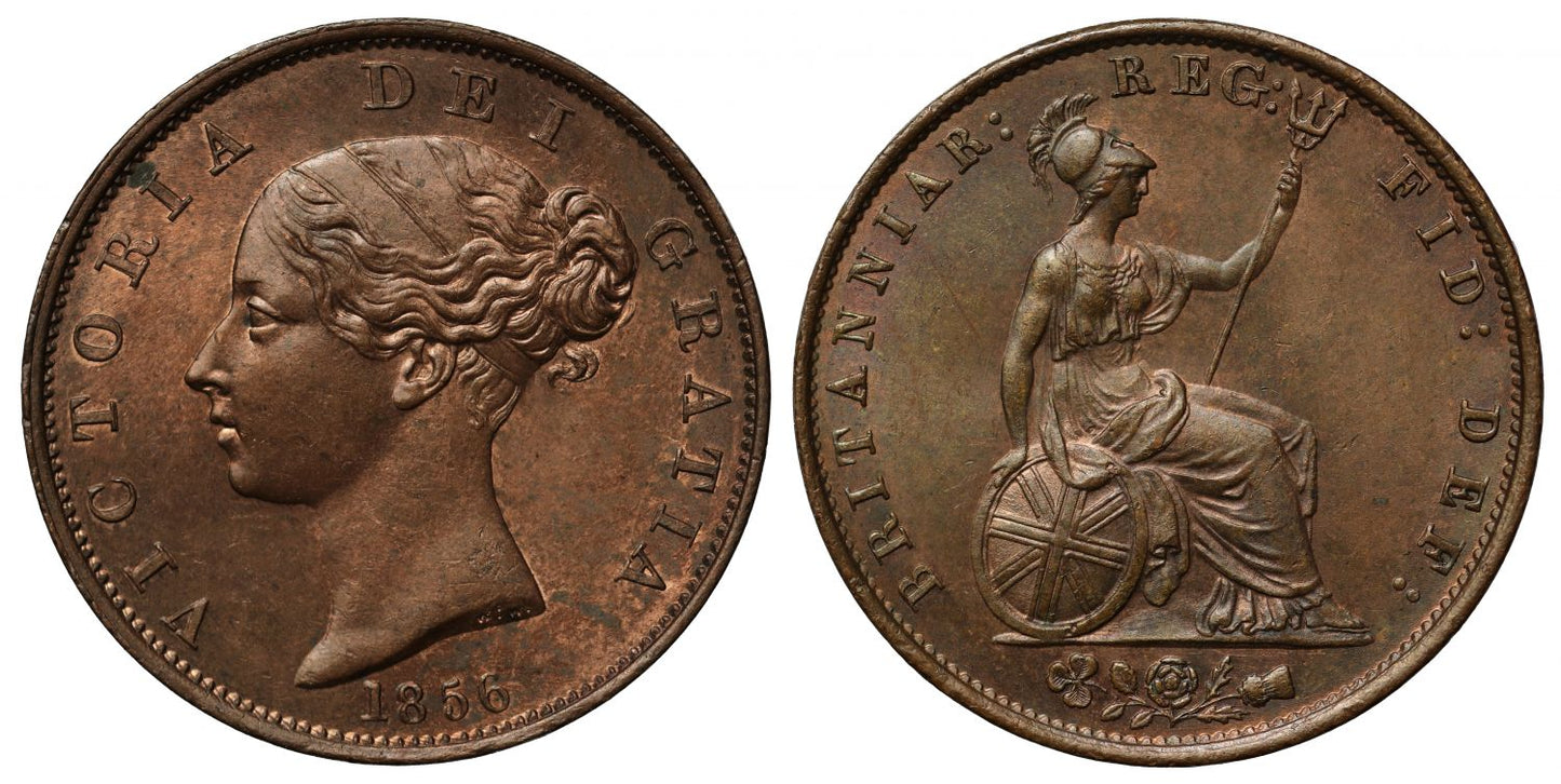 Victoria 1856 Halfpenny, young head copper issue, incuse dots on shield